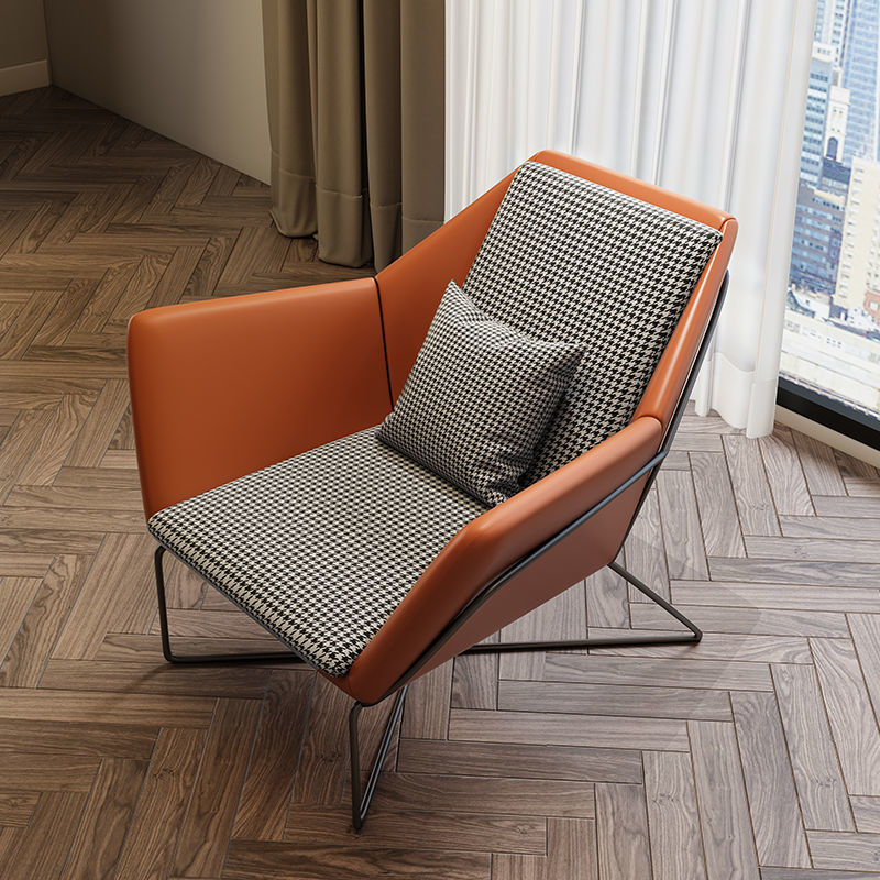 Modern Lounge Armchair Houndstooth Fabric Contrast Leather & Metal Frame with Ottoman Option