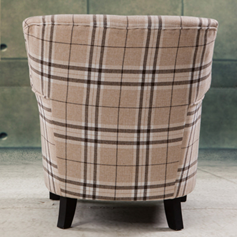 Chic Plaid Wingback Armchair & Ottoman Set: Beige-Brown Check Fabric, Rivet Trim for Stylish Cozy Living Room Reading Nooks