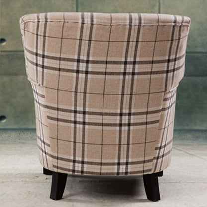 Chic Plaid Wingback Armchair & Ottoman Set Beige Brown Check Fabric Rivet Trim for Stylish Cozy Living Room Reading Nooks