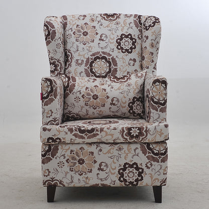 Modern Brown Wingback Armchair: Upholstered Fabric with White Geometric Crackle Pattern, Single Seater for Stylish Living Room/Office Decor
