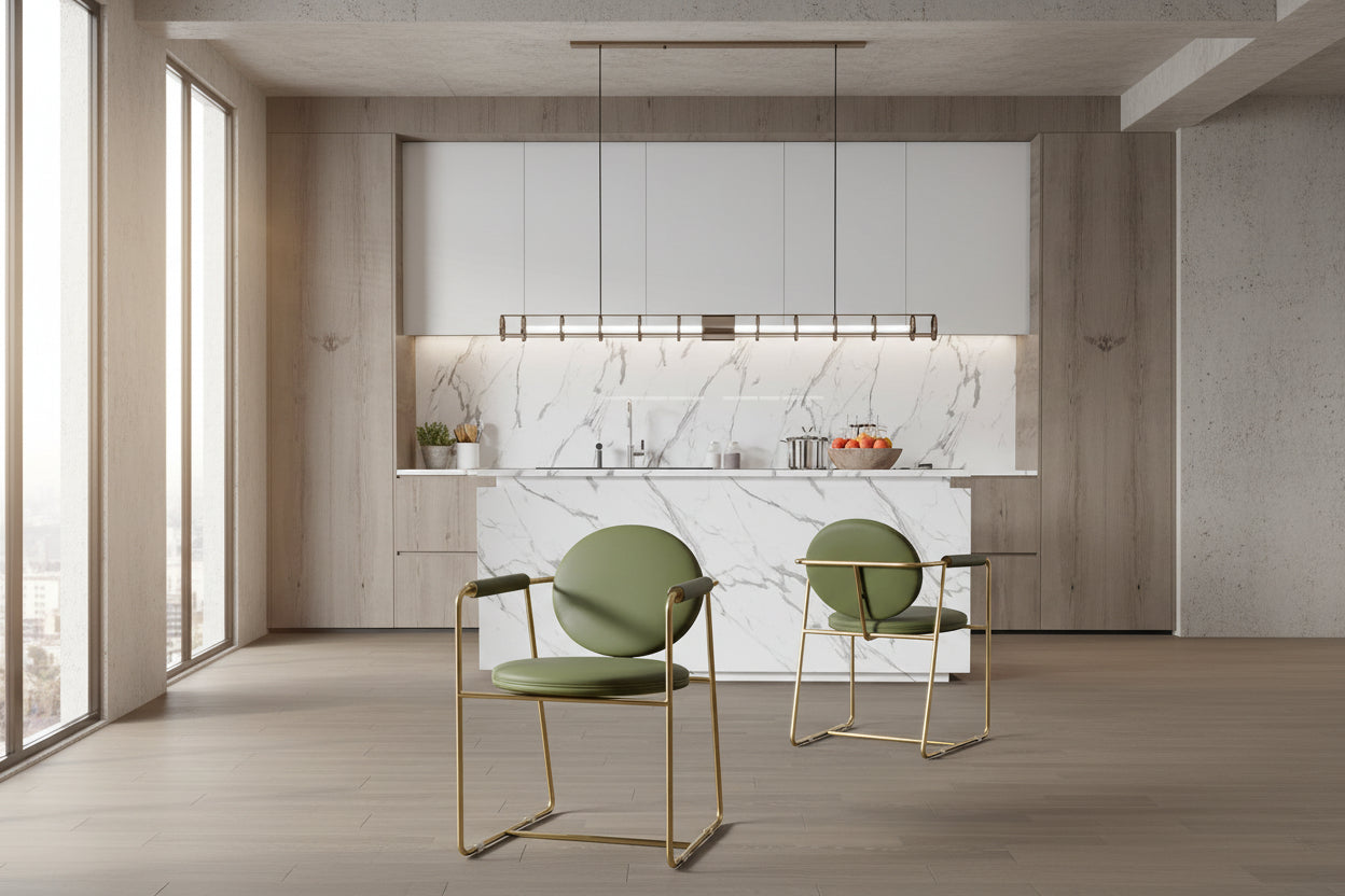 Modern Multi-Functional Armchair Gold Metal Frame, Olive Green Leather Cushion & Curved Design