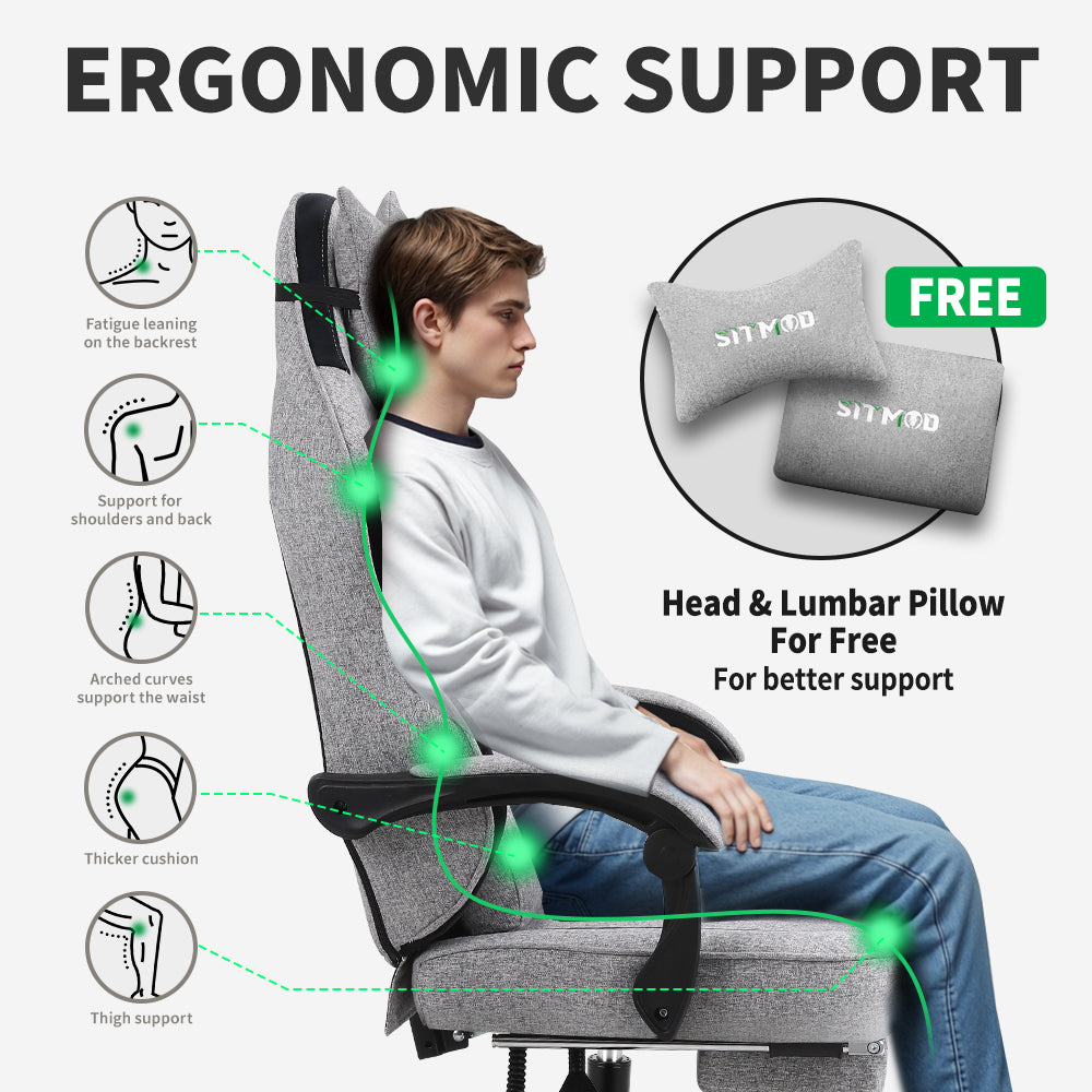 SITMOD Gaming Chair, Comfortable Video Game Chairs for Adults with Footrest High Back Headrest Lumbar Support Fabric Office Computer Desk Chair Reclining Ergonomic Big and Tall Silla Gamer