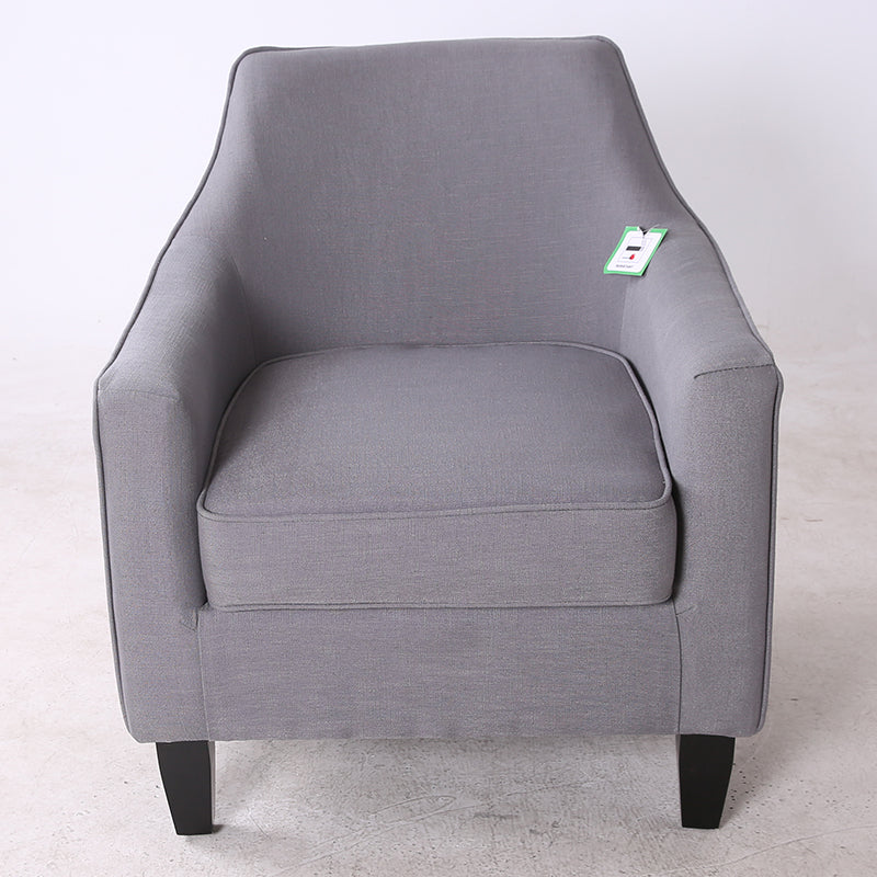 Sleek Gray Fabric Armchair: Modern Contoured Design, Sturdy Dark Wooden Legs, Cozy Single Seater for Living Rooms & Reading Nooks
