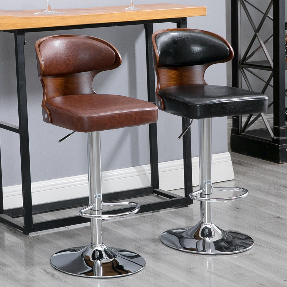 Adjustable Height Bar Stool Curved Bentwood Backrest Dual-Upholstery Cushion & Chrome Disc Base