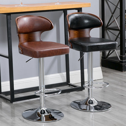 Adjustable Height Bar Stool Curved Bentwood Backrest Dual-Upholstery Cushion & Chrome Disc Base