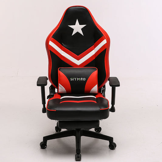 Red-Black-White Gaming Chair with Star Accent Lumbar Pillow Footrest Adjustable Arms Ergonomic Support for Gaming & Office Work Sessions