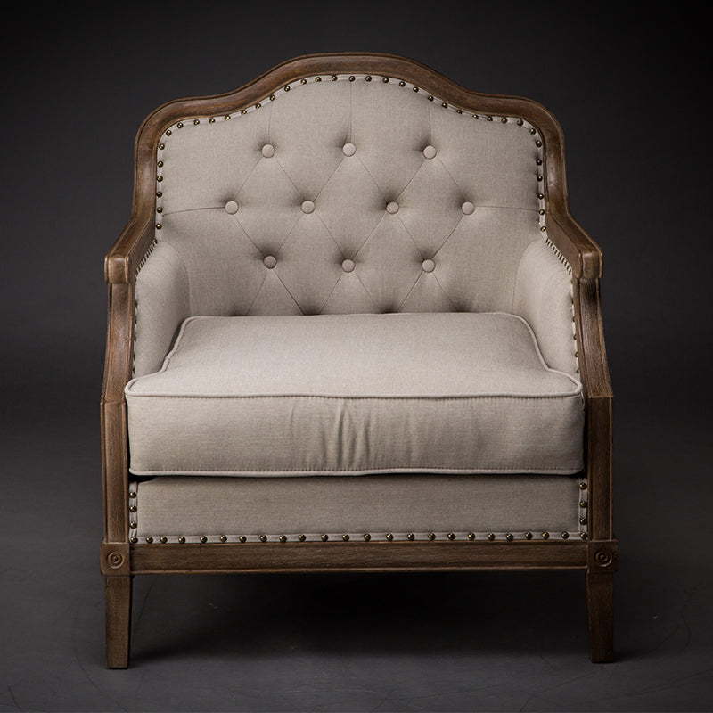 Vintage Tufted Armchair with Wooden Frame - Beige Upholstery and Nailhead Trim