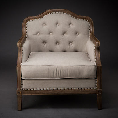 Vintage Tufted Armchair with Wooden Frame Beige Upholstery and Nailhead Trim