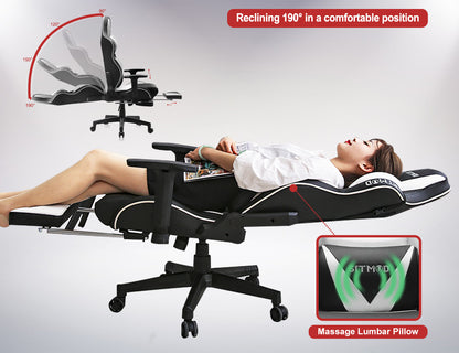 Black-White Ergonomic Gaming Chair Headrest Lumbar Pillow Spine Support Footrest Adjustable for Comfortable Gaming & Office Work Sessions