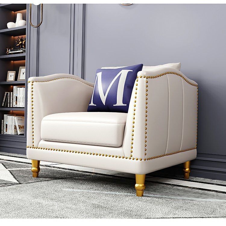 Luxury White Leather 3-Seater Sofa Gold Rivet Trim Golden Legs Modern Elegant Design for Stylish Cozy Living Room Lounging Spaces