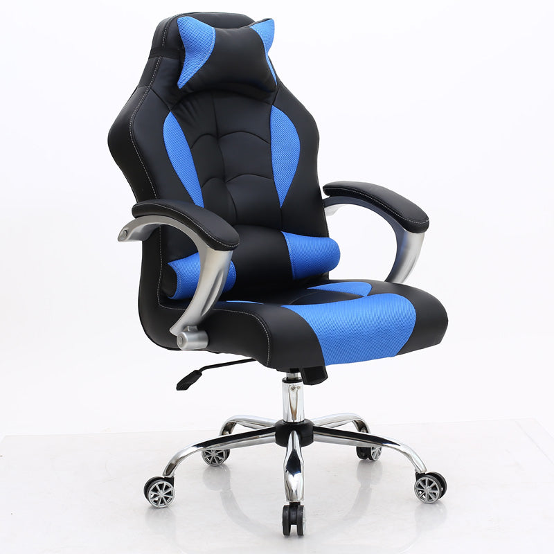 Black Ergonomic Gaming Office Chair: Leather-Mesh Blend, Headrest, Silver Armrests, Smooth Casters, Adjustable for Long Comfortable Gaming & Work Sessions