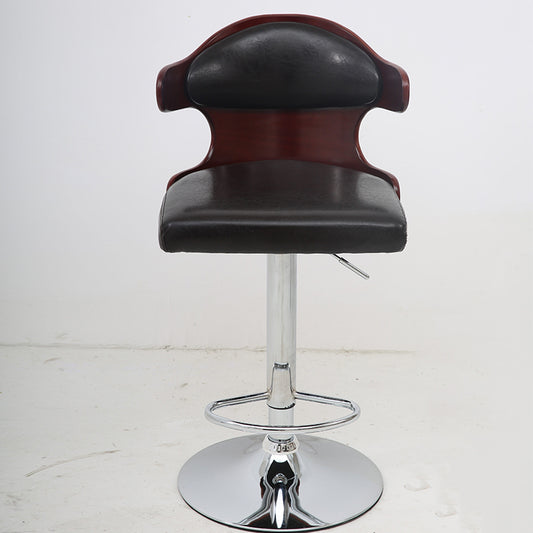 Adjustable Height Bar Stool Sculpted Bentwood Backrest Plush Leather Cushion & Chrome Disc Base