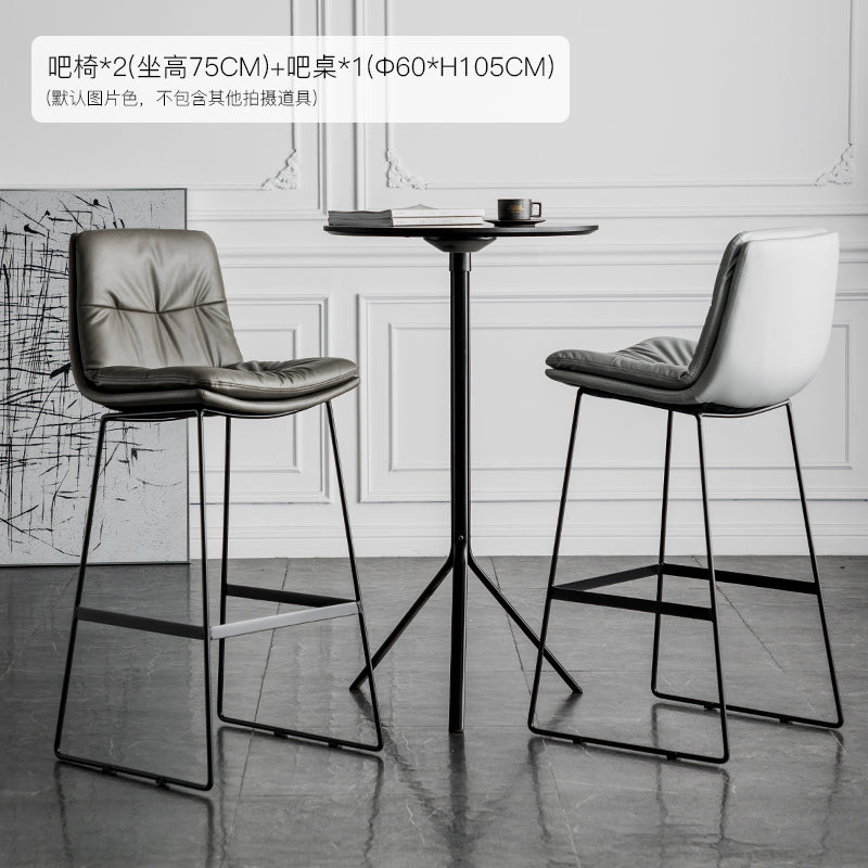 J09 Fixed-Height Bar Stool (With Bar Table Set): Tufted Leather/Corduroy, Black Metal Frame for Modern Luxe Spaces