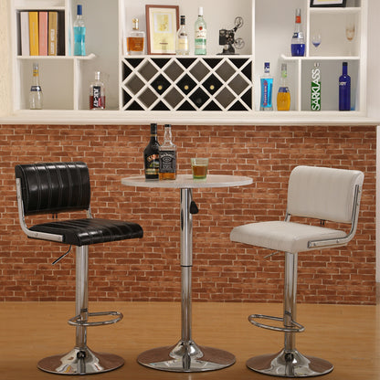 Adjustable Height Bar Stool With Bar Table Set Striped Leather Upholstery Chrome Frame & Stable Disc Base