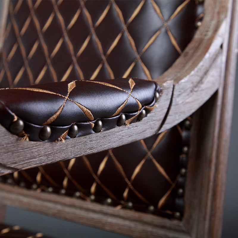 Vintage Distressed Wood & Leather Armchair with Diamond Stitching Classic Elegant Design for Living Room