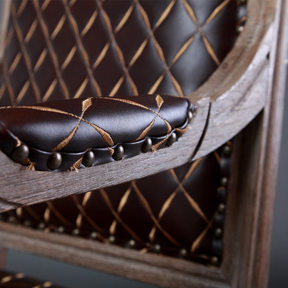 Vintage Distressed Wood & Leather Armchair with Diamond Stitching Classic Elegant Design for Living Room