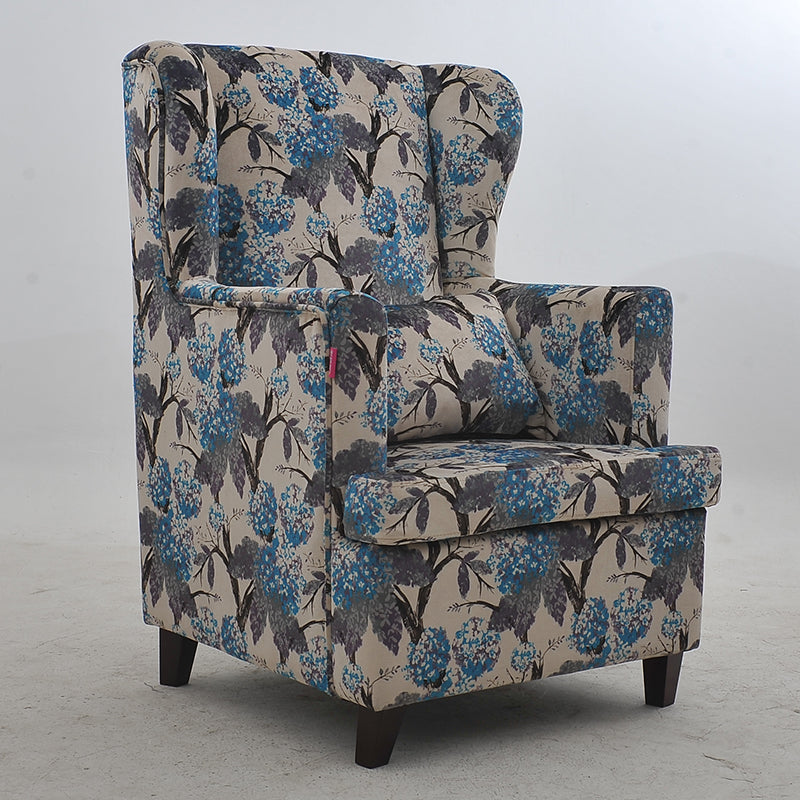 Modern Brown Wingback Armchair: Upholstered Fabric with White Geometric Crackle Pattern, Single Seater for Stylish Living Room/Office Decor