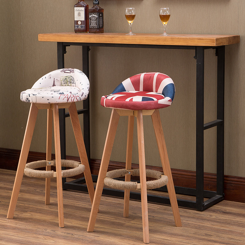J12 Wooden-Leg Bar Stool: Fabric/Leather Upholstery (Patterned Options), Hemp Footrest for Retro & Themed Spaces
