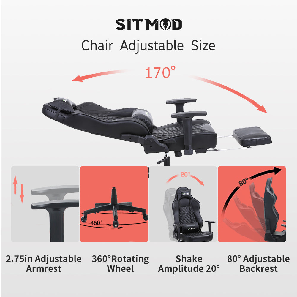 Black Quilted Gaming Chair Headrest, Lumbar Pillow Footrest Sturdy Base Adjustable Ergonomic Support for Gaming & Office Work Sessions