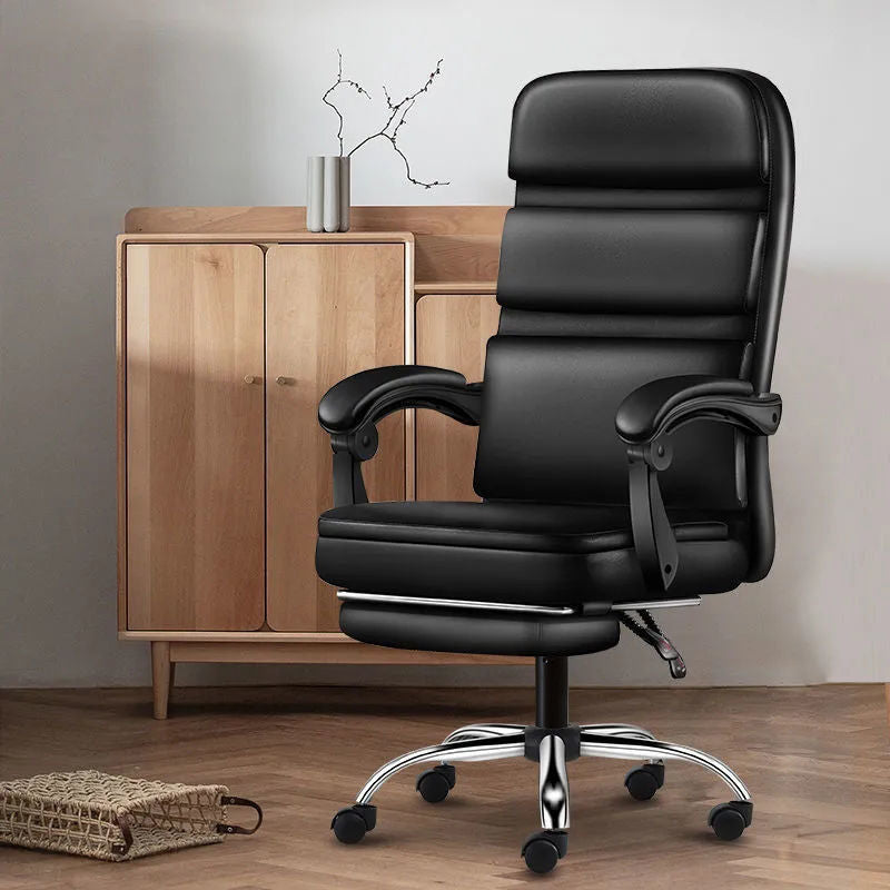 B06-Black Leather High-Back Office Chair: Adjustable Arms, Built-in Footrest, Sturdy Ergonomic Support for Work, Relaxation & Comfortable Daily Lounging Sessions