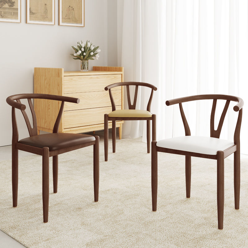 C-32-SITMOD Nordic Classic Solid Wood Dining Chair: Curved Armrest, Multi-Wood Tones & Leather Cushion