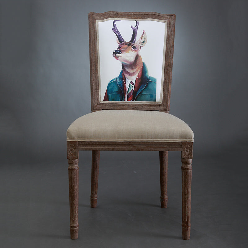 Vintage Wooden Chair with Deer Illustration Upholstered Seat for Dining/Living Room