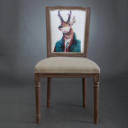Vintage Wooden Chair with Deer Illustration Upholstered Seat for Dining/Living Room