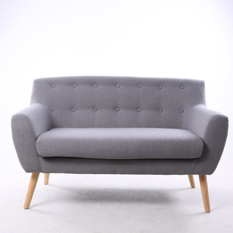 Gray Button-Tufted 2-Seater Sofa: Soft Fabric, Wooden Legs, Modern Curved Design for Stylish Living Rooms & Cozy Apartment Areas