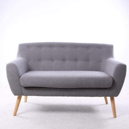 Gray Button-Tufted 2-Seater Sofa Soft Fabric Wooden Legs Modern Curved Design for Stylish Living Rooms & Cozy Apartment Areas
