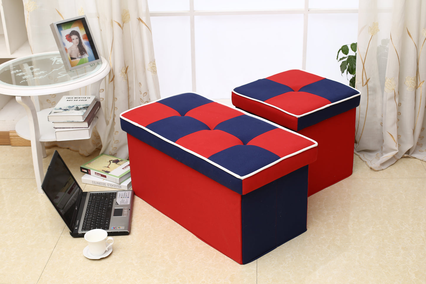 Red and Blue Fabric Storage Ottoman with Folding Design-Square Footstool for Home Organization