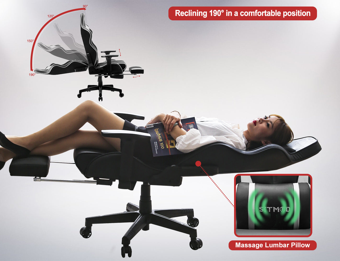 P06-SITMOD Black-White Ergonomic Gaming Chair: Headrest, Lumbar Pillow, Spine Support, Adjustable, Sturdy Base for Comfortable Gaming & Office Work Sessions