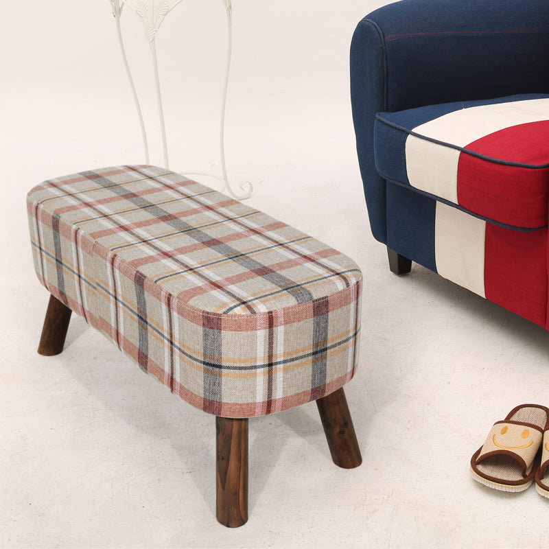 Plaid Fabric Ottoman with Wooden Legs-Rustic Round Footstool for Home Decor