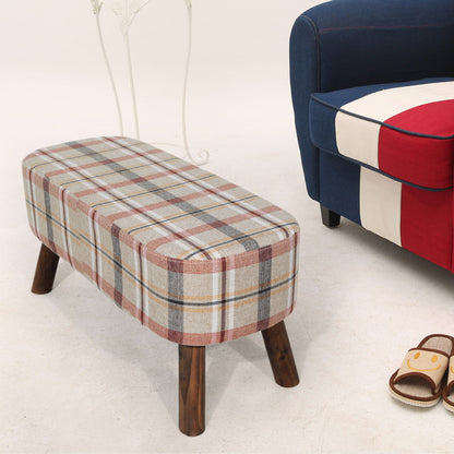 Plaid Fabric Ottoman with Wooden Legs-Rustic Round Footstool for Home Decor