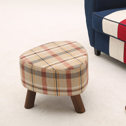 Plaid Fabric Ottoman with Wooden Legs-Rustic Round Footstool for Home Decor