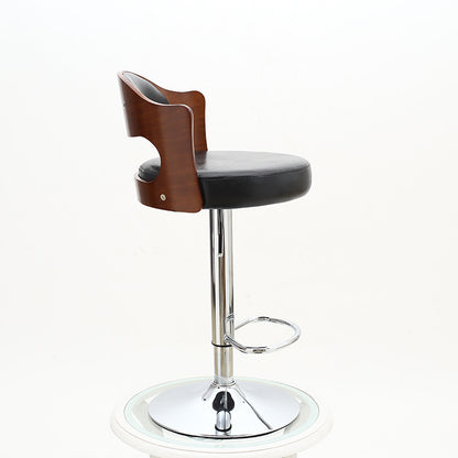 Adjustable Height Bar Stool Bentwood Cutout Backrest Black Leather Cushion & Chrome Disc Base