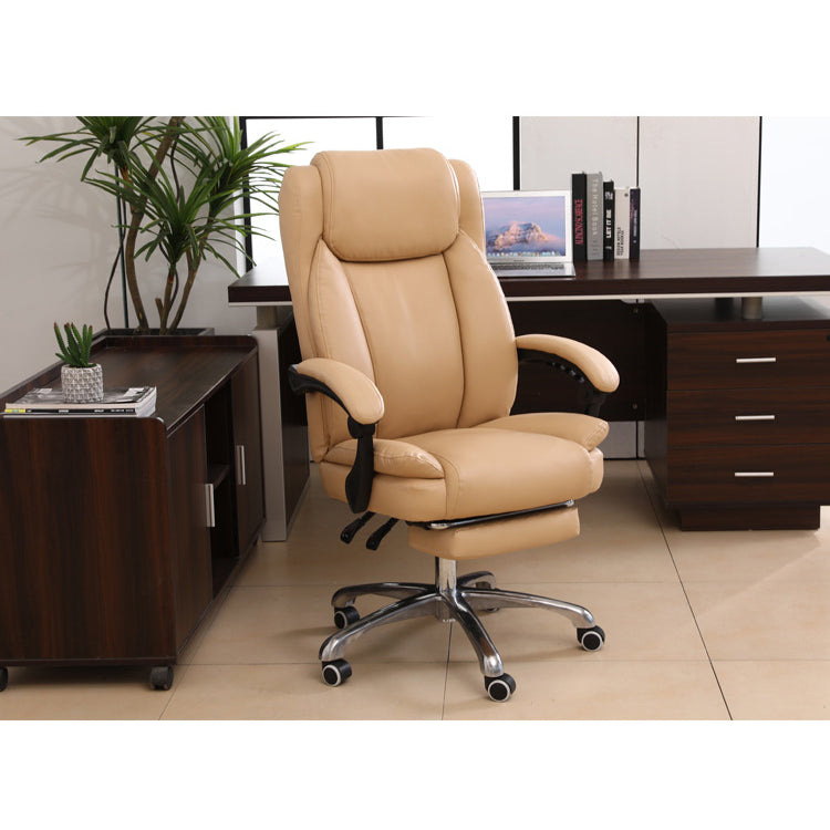 Luxury Brown Leather High-Back Office Chair Footrest, Ergonomic Support Chrome Casters – Plush Executive Seating for Workspaces & Home Offices