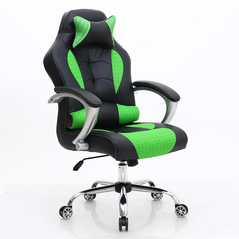 Black Ergonomic Gaming Office Chair: Leather-Mesh Blend, Headrest, Silver Armrests, Smooth Casters, Adjustable for Long Comfortable Gaming & Work Sessions