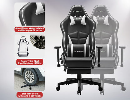 Black-White Ergonomic Gaming Chair Headrest, Lumbar Pillow Spine Support Adjustable Sturdy Base for Comfortable Gaming & Office Work Sessions