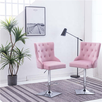 Adjustable Height Bar Stool Tufted Velvet Upholstery Studded Trim & Lion-Head Accent