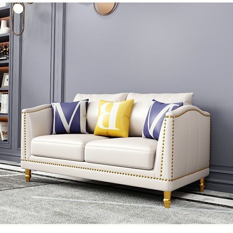 Luxury White Leather 3-Seater Sofa: Gold Rivet Trim, Golden Legs, Modern Elegant Design for Stylish Cozy Living Room Lounging Spaces