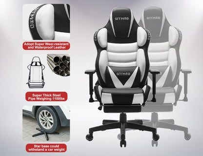 Black-White Ergonomic Gaming Chair Headrest Lumbar Pillow Spine Support Footrest Adjustable for Comfortable Gaming & Office Work Sessions