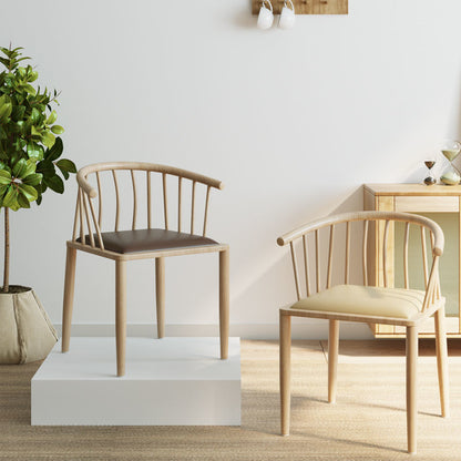 Nordic Slatted-Back Dining Chair Light Wood Frame Curved Armrest & Leather Cushion