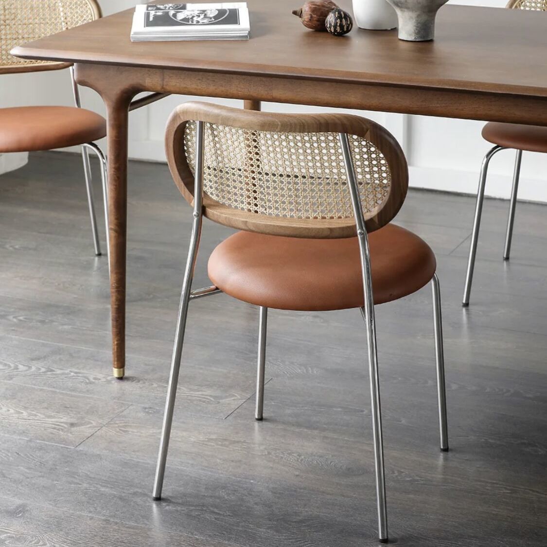 C-34-SITMOD Retro Breathable Dining Chair: Rattan Back, Metal Legs & Leather Cushion