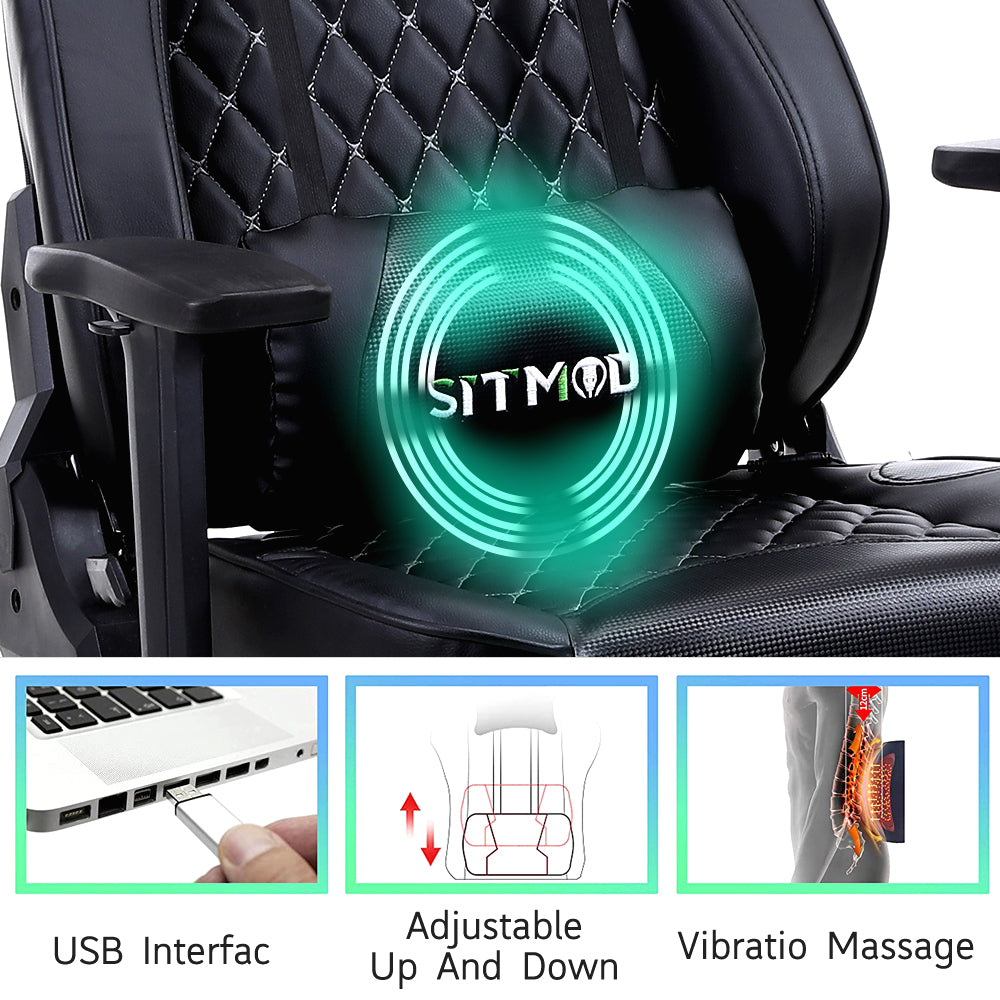 Black Quilted Gaming Chair Headrest, Lumbar Pillow Footrest Sturdy Base Adjustable Ergonomic Support for Gaming & Office Work Sessions