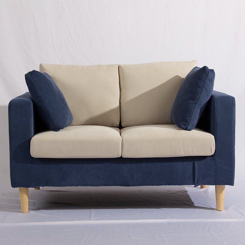 Modern Navy & Beige Fabric Loveseat Two Seater Sofa with Wooden Legs