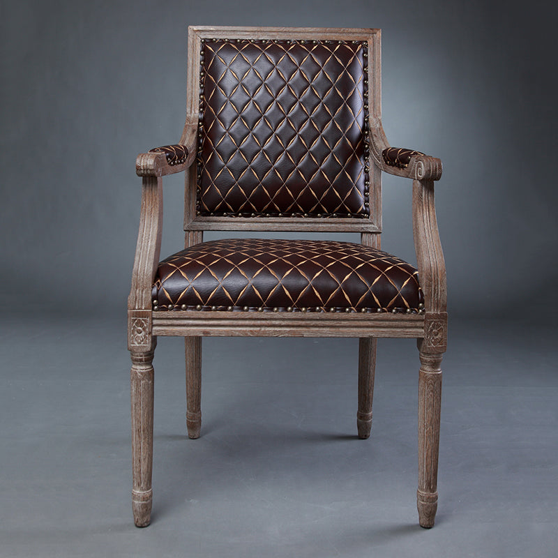Vintage Distressed Wood & Leather Armchair with Diamond Stitching Classic Elegant Design for Living Room