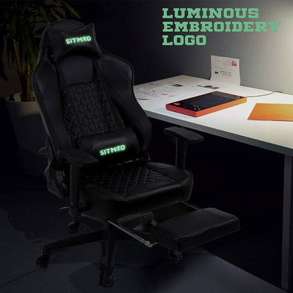 Black Quilted Gaming Chair Headrest, Lumbar Pillow Footrest Sturdy Base Adjustable Ergonomic Support for Gaming & Office Work Sessions