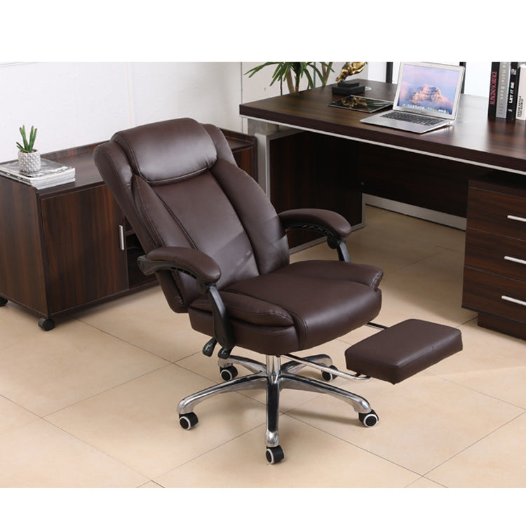 Luxury Brown Leather High-Back Office Chair Footrest, Ergonomic Support Chrome Casters – Plush Executive Seating for Workspaces & Home Offices