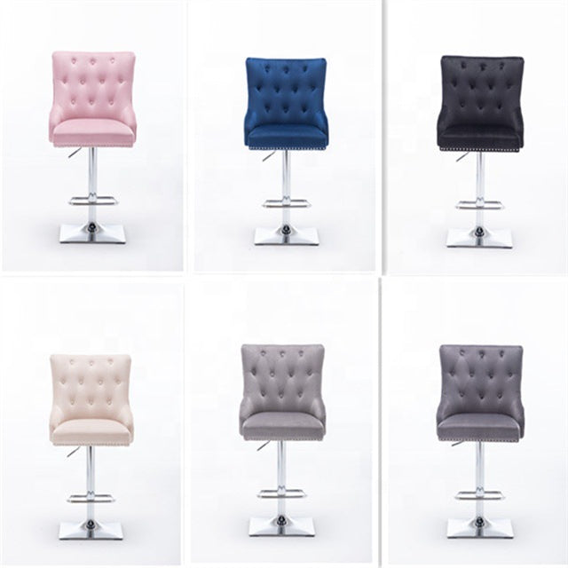 J39 Adjustable Height Bar Stool: Tufted Velvet Upholstery, Studded Trim & Lion-Head Accent