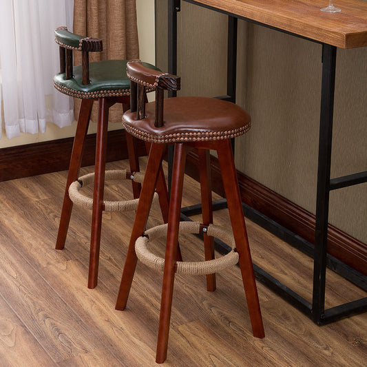 Retro Wooden-Leg Bar Stool Rivet-Decorated Backrest Hemp Footrest for Vintage/American-Style Spaces